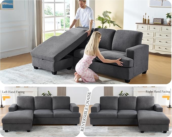 VanAcc 89 Inch Convertible L Shape Couch Reversible Sofa Couch with Storage Comfy Couches with Chaise for Living Room Grey Bouclé
