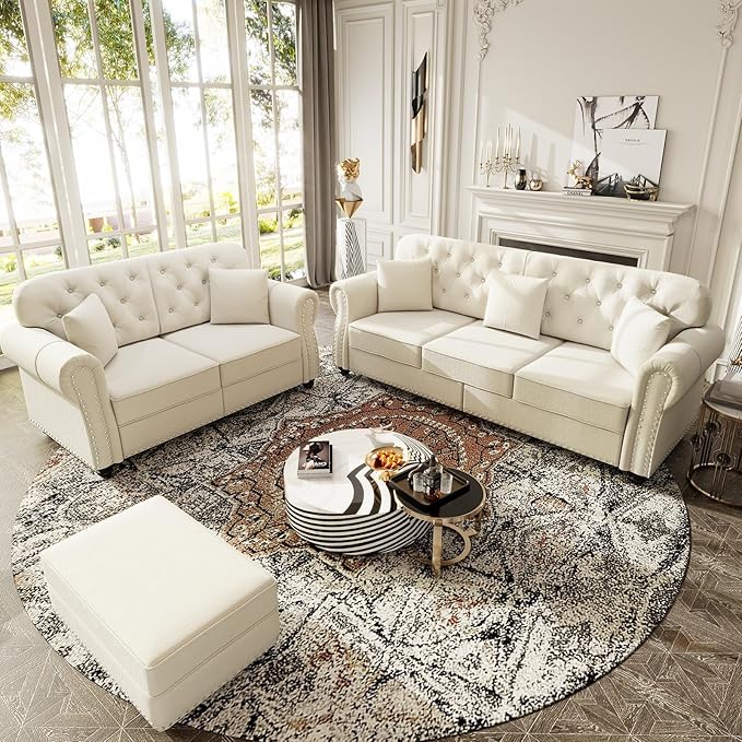 3 Pieces Chesterfield Sofa Set with Ottoman 2 &amp 3 Seater Comfy Tufted Velvet Couch with Rolled Arms &amp 5 Pillows Mid Century Modern Couch and Loveseat Vintage Living Room Sets Furniture (Bei