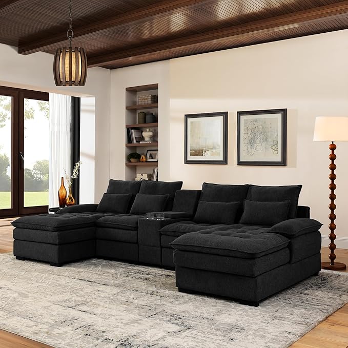 KEIKI 130 U-Shaped 6 seat Sofa with Storage Console Cup Holders Upholstered Sectional Sofa Button Tufted Cloud Cushion Couch for Home Office Apartment Black