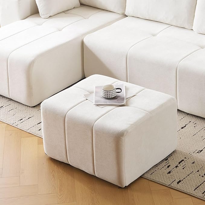 Square Stuffed Pouf OttomanChenille Poufs with Foam Chunk Filling27.9 X 16.1 Floor Poufs for SofaAccent Foot Rest Stool for Living RoomBedroomBeige