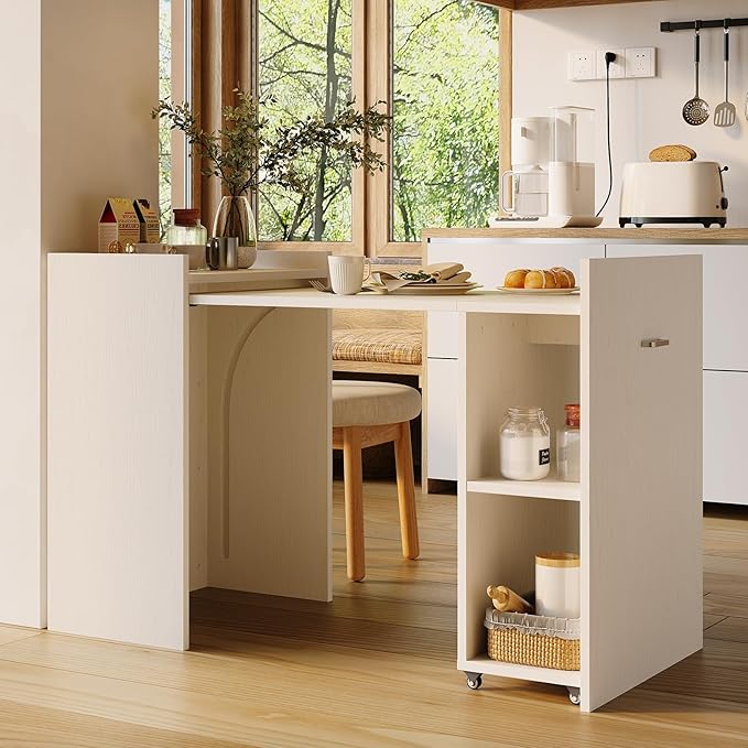 Compact Extension Table Folding Computer Desk with Drawer and Storage Shelves for Home Office Study Gaming in Small Spaces Dorm or Apartment - White