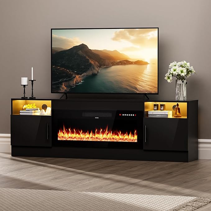 AHB Fireplace TV Stand LED Light Entertainment Center with 36 Electric Fireplace Storage Cabinet and Door Handles Media Console Table for TVs Up to 80 Inches for Living Room 70 Inches (Black)