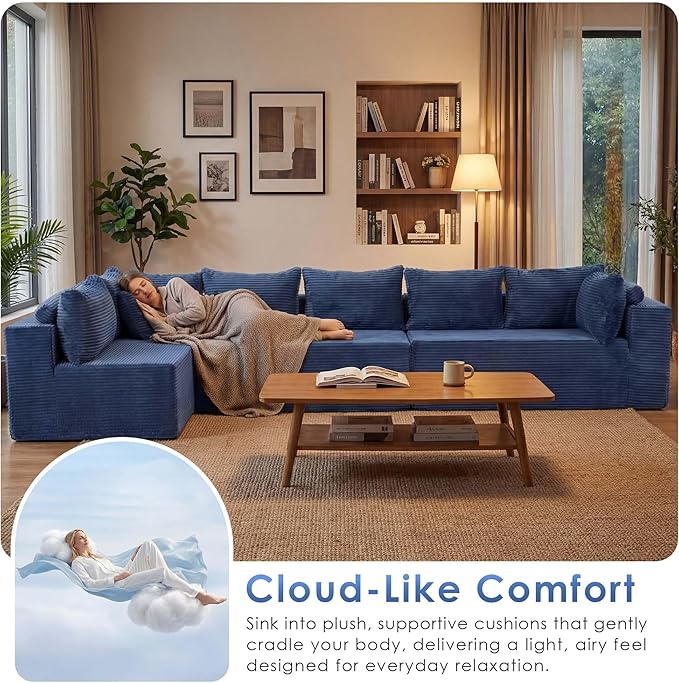 Redlife 97 L-Shaped Modular Sectional Sofa 4-Seater Boneless Couch with Ottoman 28 Deep Seat Blue Corduroy Upholstery Non-Slip Texture No Assembly Required