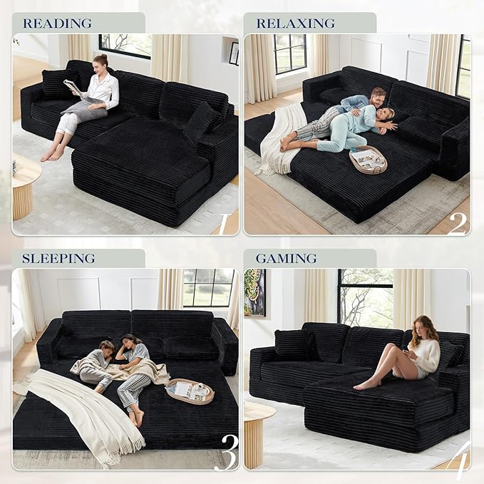 112.6” Modular Sectional Sofa Oversized Cloud L Shaped Couch Comfy Upholstered Corduroy Compressed Sofa with Right Facing Chaise and Wide Arms Fluffy Boneless Sofa Bed for Living Room Office Black