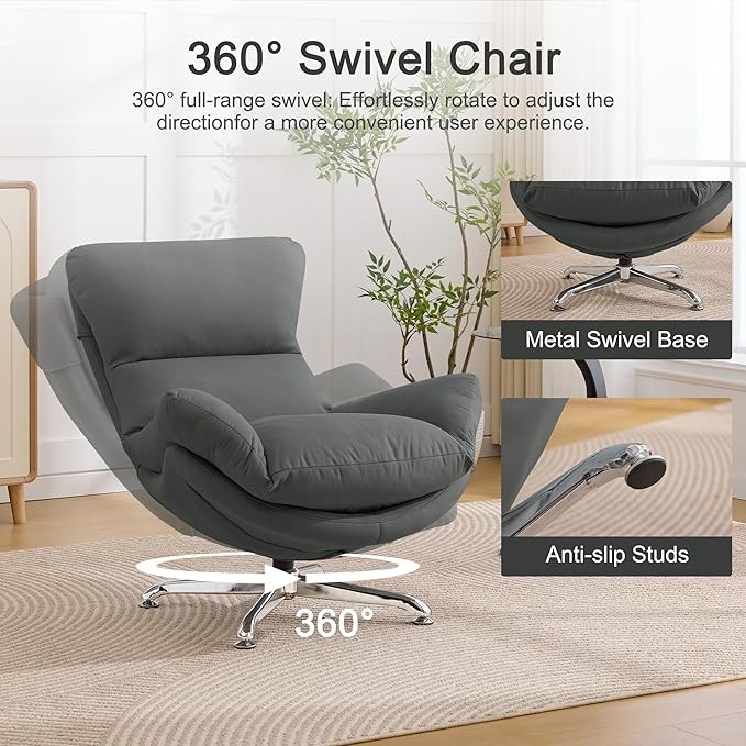 360° Swivel Oversized Accent Chairs Set of 2 Fabric Upholstered High Back &amp Thick Cushion Ergonomic Comfy Reading Lounge Sleeper Chair with Sturdy Metal Base for Living Room Bedroom Grey