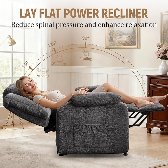 Power Recliner Chair for Adults Oversized Electric Recliner with Thickened Cushions Chenille Fabric Reclining Chair for Living Room Bedroom Grey