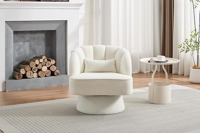 Swivel Barrel Chair - Teddy Bear Velvet Upholstered Modern Armchair with Striped Backrest &amp Plush Padding Round Lounge Chair for Living Room Bedroom Small Spaces Beige - (1 Pcs)