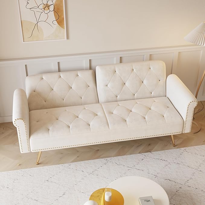 ERYE Tufted Futon Sofa Bed Modern Velvet Upholstered Loveseat Sleeper Futon Sofabed with Split Adjustable Backrest Nailhead Decor and Elegant Golden Legs for Home Apartment RV Office Studio Bedroom