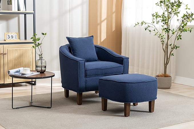 Accent Chair with Ottoman Mid Century Modern Barrel Chair Upholstered Club Tub Round Arms Chair for Living Room