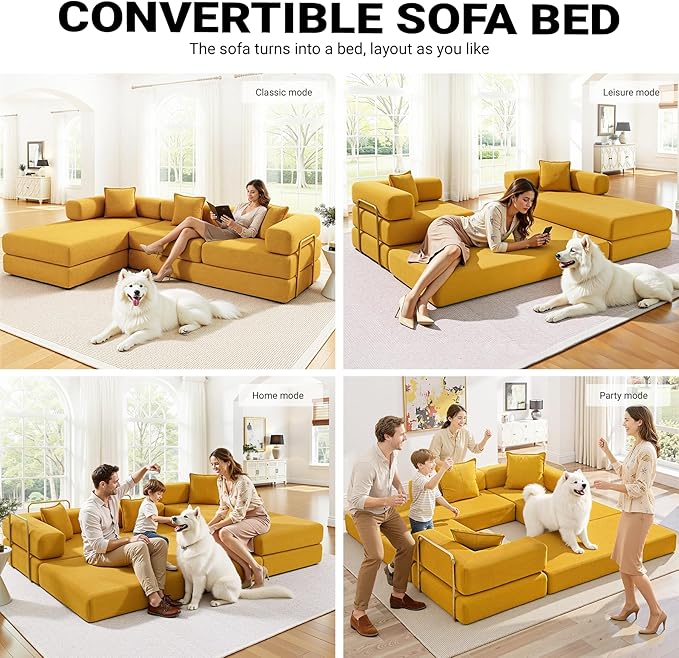 108'' Modular Sectional Sofa Bed Convertible Folding Sofa Bed With Removable Backres Boneless Cloud Couch with Deep Seat Modern Fold-Out Futon Couch Bed for Living Room No Assembly RequiredYellow