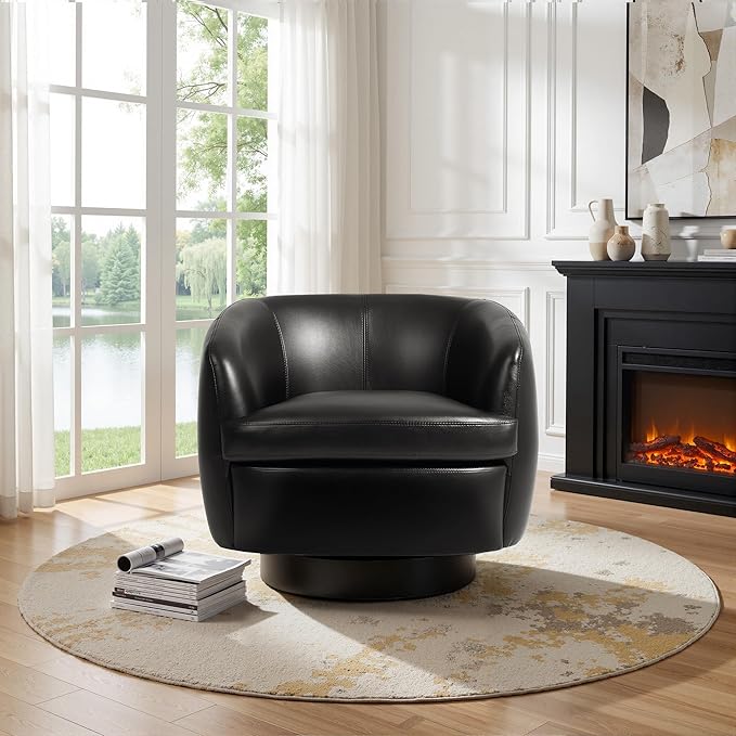 UIXE Leather Swivel Barrel Accent Chairs Set of 2 Comfy Round Faux Leather Armchair Reading Chair for Living Room Barrel Club Chairs Bedroom Black