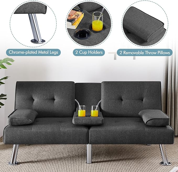 Yaheetech Convertible Sofa Bed Adjustable Fabric Couch Sleeper Modern Recliner Reversible Loveseat Folding Daybed Guest Bed Removable Armrests Cup Holders 3 Angles 772lb Capacity Dark Gray