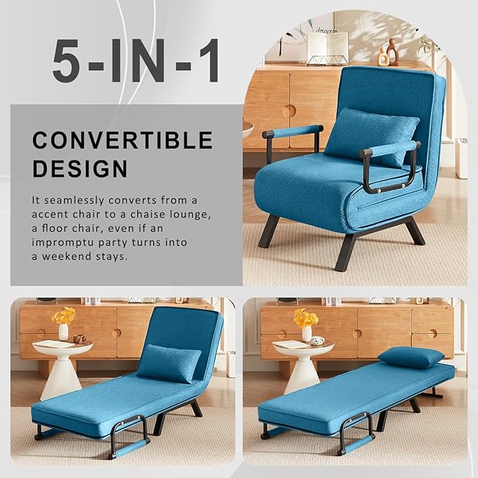 Convertible Sleeper Chair 5 in 1 Folding Sofa Bed with 5-Position Adjustable Backrest &amp Pillow Floor Single Chairs Cozy Futon Chair for Small Spaces Apartment Bedroom Office (Blue)