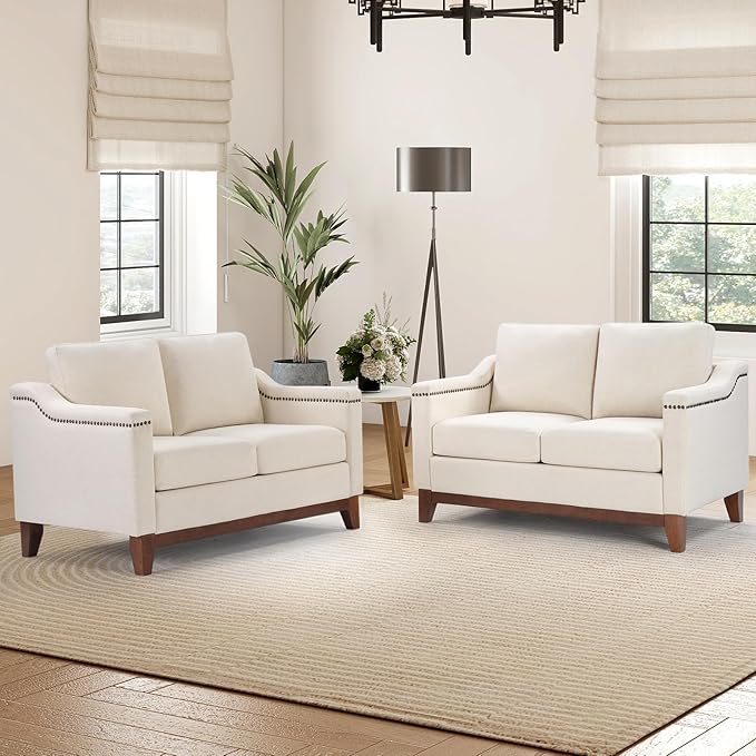 Vintage 2-Seater Upholstered Loveseat Sofa Set of 2 with Nailhead Trim High-Density Foam Cushion &amp Solid Wood Legs Soft Fabric Couch for Small Spaces Beige