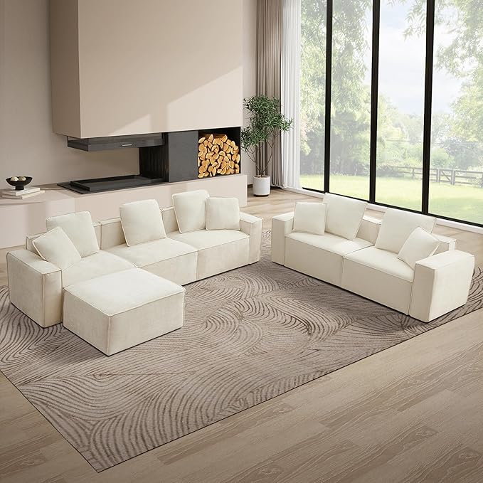 Tbfit Modular Sectional Sofa Set Chenille Cloud Couch with Wide Armrests &amp 8 Pillows Deep Seat Couches for Living Room 6-Seater Beige