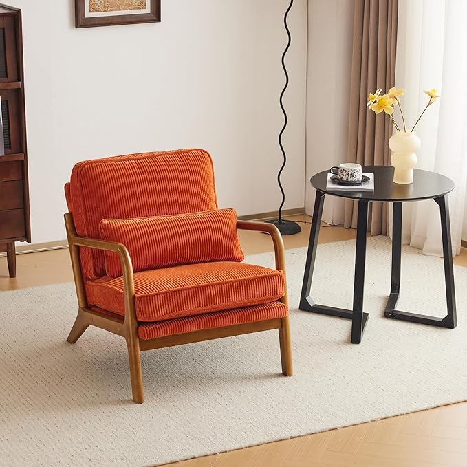 Karl home Mid-Century Modern Accent Chair Living Room Chairs with Pillow Corduroy Upholstered Lounge Armchair with Solid Wood Frame &amp Soft Cushion for Bedroom Reading Room Orange