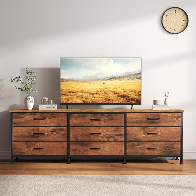 DUMOS TV Stands for Living Room Furniture with 9 Fabric Drawers Long Entertainment Center Up to 75 Inch TV Media Console Table with Storage for Bedroom Adjustable Feet Rust.