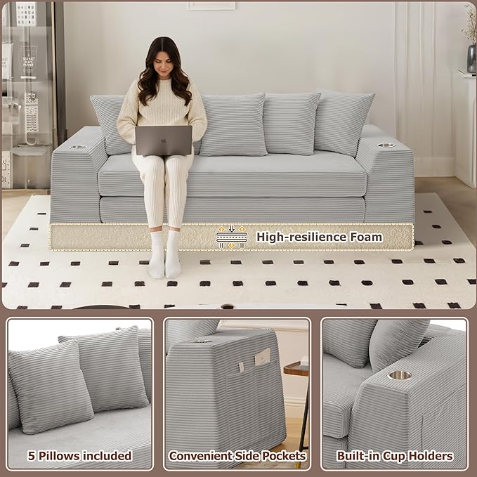 82 Oversized Loveseat Pull Out Sofa 2 in1 Convertible Loveseat Sofa with Pillows Corduroy Folding Couch Bed with Deep Seat Boneless Couch for Small Room No Assembly Required Light Grey