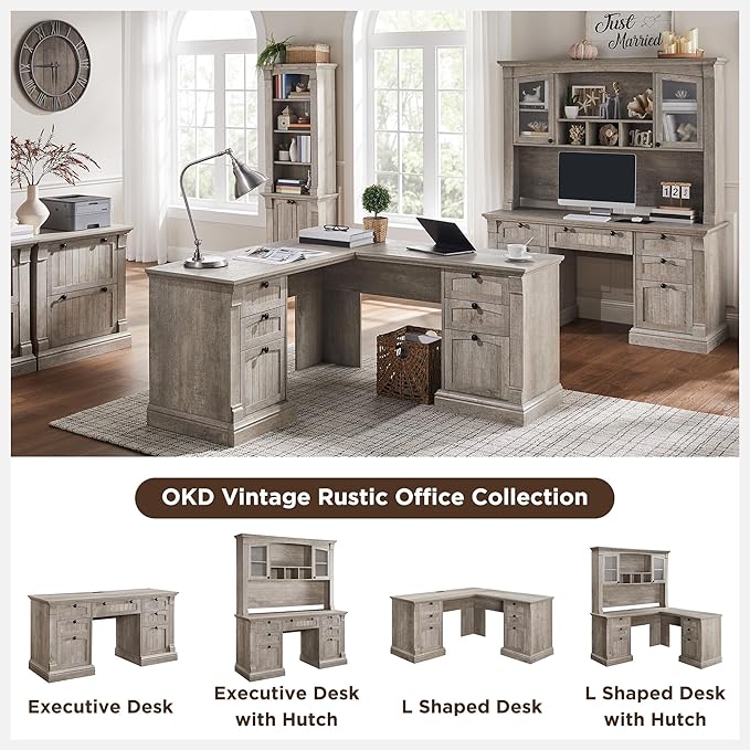 OKD 60 Executive Desk with Hutch and Drawers Farmhouse Home Office Desk with Charging Station Keyboard Tray File Cabinet Storage Wood Computer Desk for Work and Study Light Rustic Oak