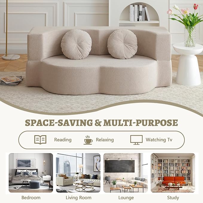 2-In-1 Futon Sofa Bed Foldable Couch with 2 Pillows Convertible Foldable Sofa Bed Folding Sofas Beds for Living Room Guest Room Apartment Office Lazy Sleeper Comfy No Assembly (khaki)