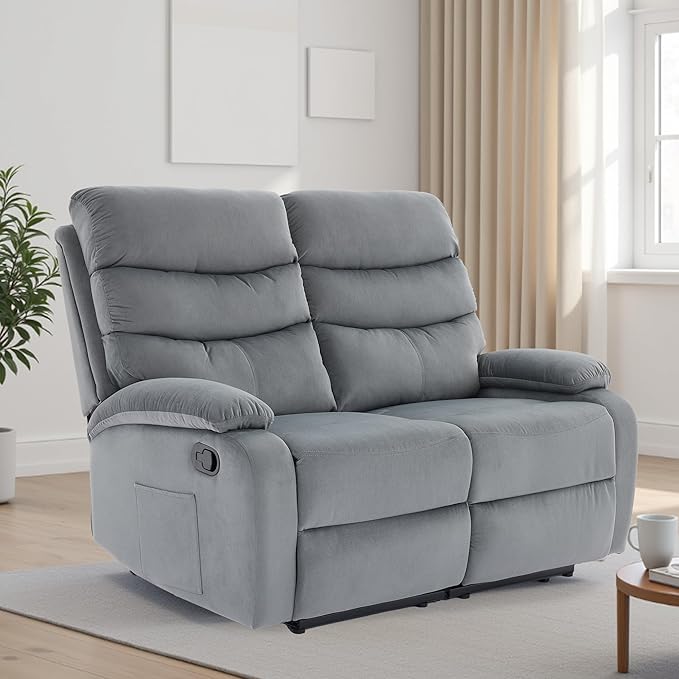 Velvet Recliner Loveseat Manual Double Loveseat Recliner RV Reclining Love Seat with Side Pockets for Living Room Home Theater