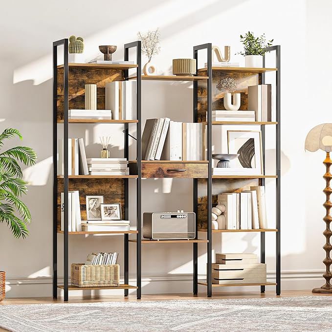 HOOBRO L Shaped Gaming Desk and 5-Tier Bookshelf Bundle with Storage Shelves &amp Drawer Computer Desk with LED Light &amp Power Outlet for Home Office Study Rustic Brown and Black BF18UDDN01-B