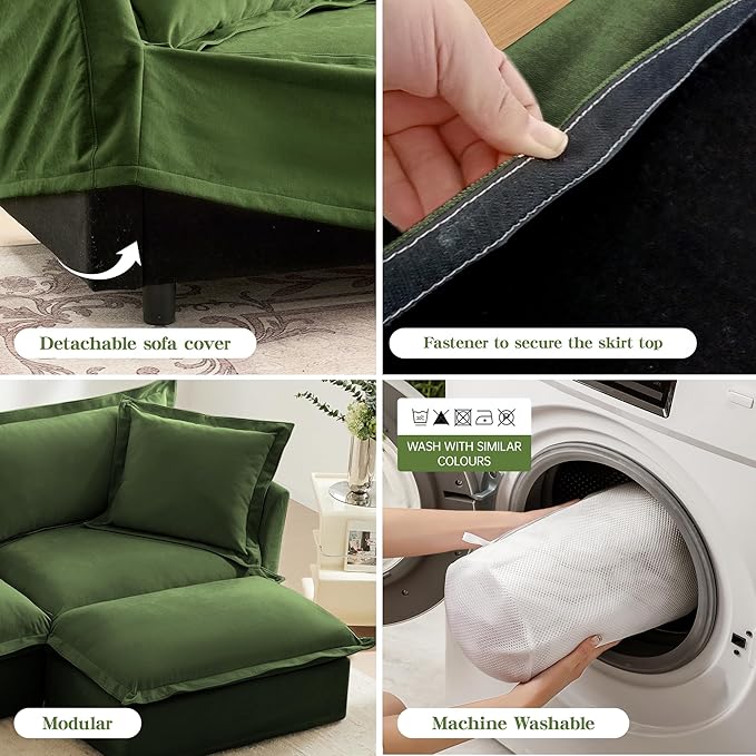 120 Slipcovered Modular Cloud Sectional Sofa Deep Seat Chenille U Shaped Couch with Removable Covers 3-Seater Sofa for Living Room (Green) | Slipcovered