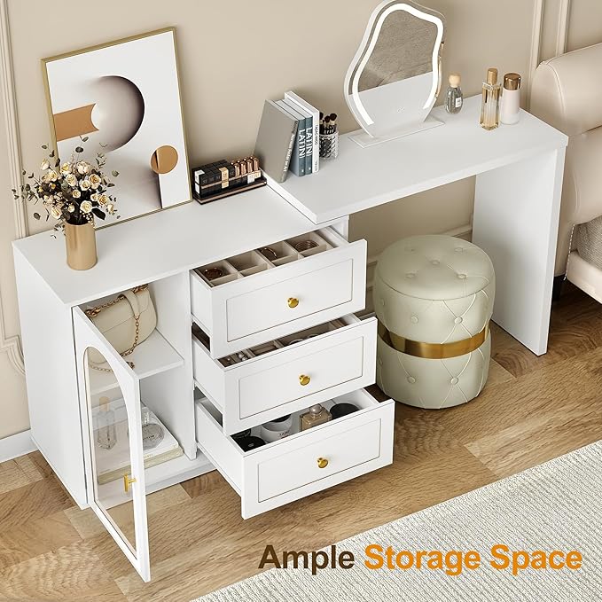RoyalCraft L Shaped Home Office Desk Extendable and Rotatable Desk with 3 Drawers and Door Corner Computer Desk Modern Study Writing Table for Bedroom Home Office White