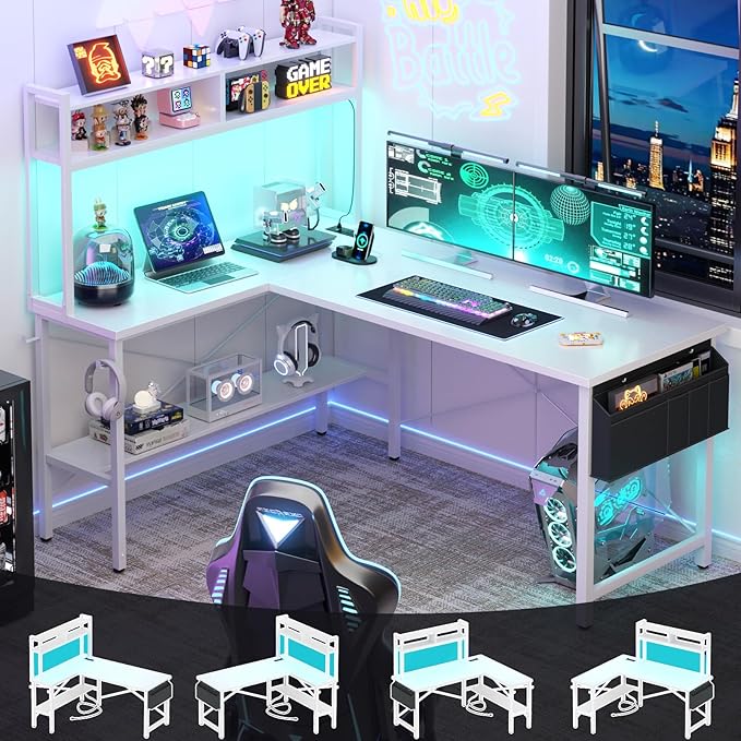 Aheaplus L Shaped Desk Gaming Desk 59 L Shaped Computer Desk with LED Light &amp Power Outlet Reversible Home Office Desk Gamer Desks with Shelves &amp Storage Bag &amp Hooks Corner PC Desk Wh