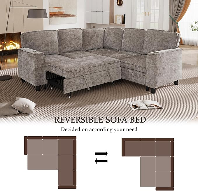 ERYE L-Shaped Symmetrical Sleeper Sectional Sofa W/Pull Out Sleeper Couch Bed and Storage Seat for Living Room Chenille Tufted Corner Convertible Sofa Bed with USB-C Ports