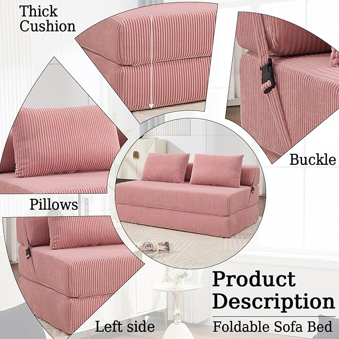 55 Convertible Folding Sofa Bed with 2 Pillows Corduroy Foldable Sleeper Sofa for Adult Floor Couch Bed for Living Room Bedroom No Assembly (Pink)