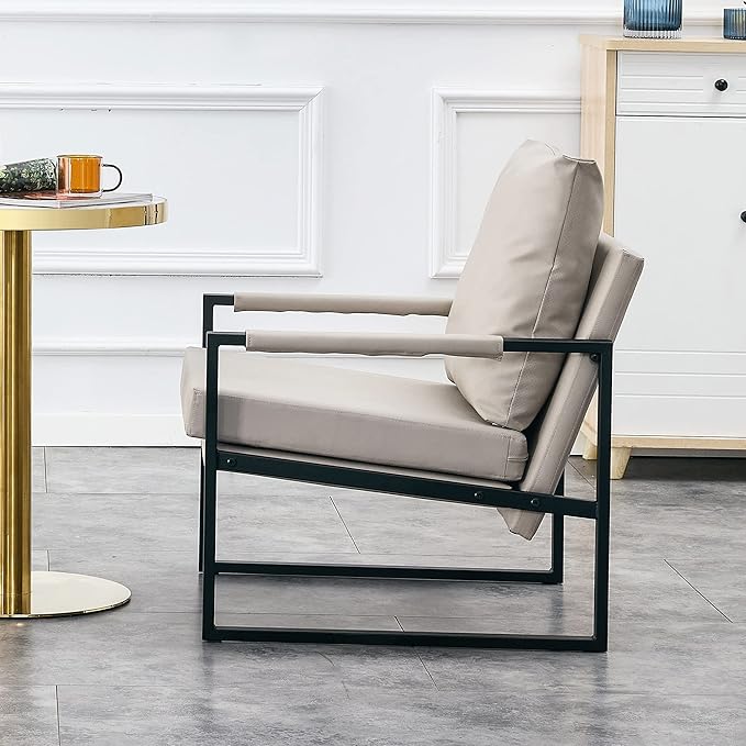 PU Leather Accent Arm Chair Mid Century Modern Upholstered Armchair with Metal Frame Extra Thick Padded Backrest and Seat Cushion Sofa Chairs for Living Room (Light Brown PU Leather Metal Foam)