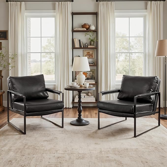 Art Leon Mid Century Modern Accent Chair Faux Leather Armchair with Black Metal Legs Single Lounge Side Chair for Living Room Bedroom Small Spaces Black