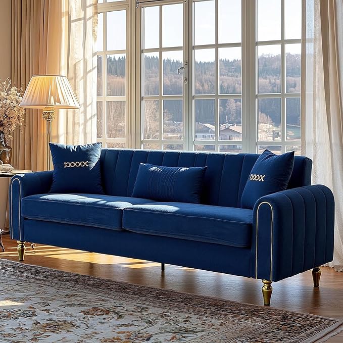 87.5 Modern 3-Seater Velvet Couch with Metal Legs &amp Decorative Pillows High Resilience Sponge Spring Seat Luxury Sectional Loveseat Sofa for Living Room Apartment Small Space Blue
