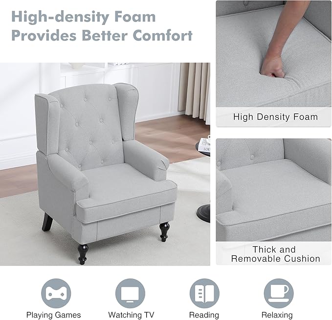 Accent Chair for Living Room Mid Century Modern Upholstered Armchair Wingback Chair with Tufted High Back and Solid Legs Comfy Single Sofa Side Chairs for Bedroom Light Grey
