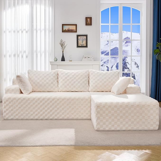 Modular Sectional Sofa Couches L-Shape Couch 3 Seat Modular Sofa Memory Foam Sectional Couches for Living Room Cloud Couch with Oversized Chaise (White Check 96 Right Facing Chaise)