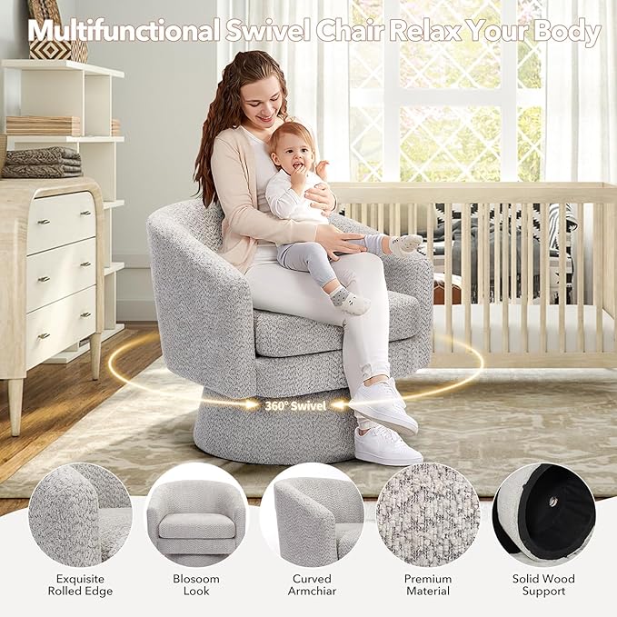 360° Swivel Accent Chair with Arms Modern Chenille Fabric Armchair with Curved Back &amp Soft Cushion Comfy Upholstered Chair for Living Room Bedroom Office Light Gray