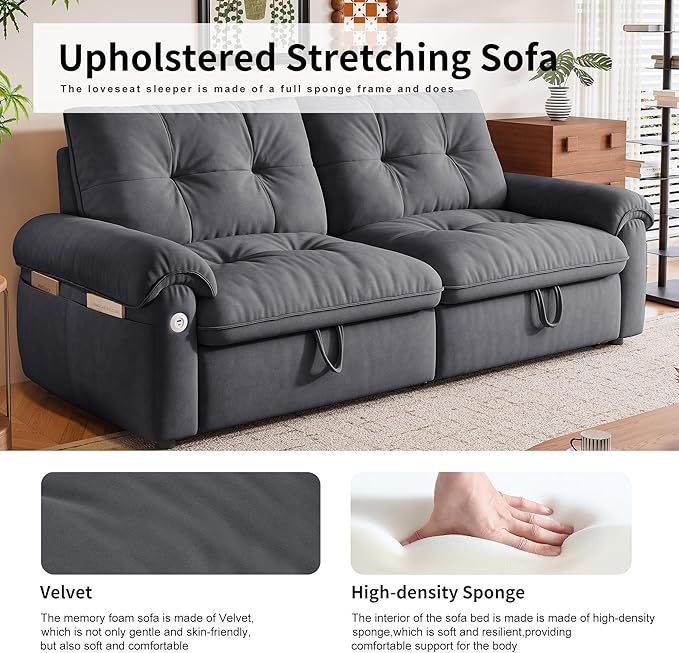 77 Queen Size Sofa Bed Loveseat Sleeper Sofa with Pull Out Bed Pockets and USB Velvet Fabric 2 Seater Convertible Small Couch for Living Room Bedroom Apartment Grey