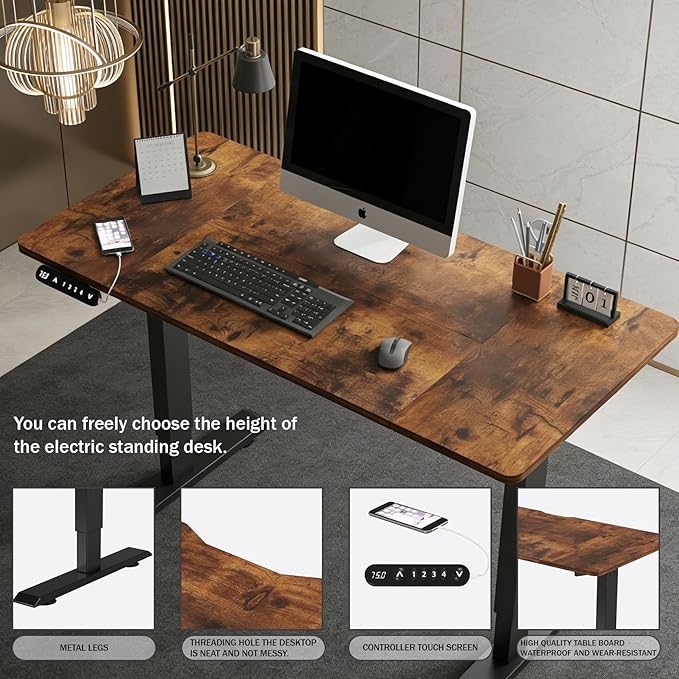 Electric Standing Desk 55 x 24 Inch Height Adjustable Desk Sit Stand Desk with Type-C Charging and Memory Preset Computer Desk for Home Office (Brown Leopard)