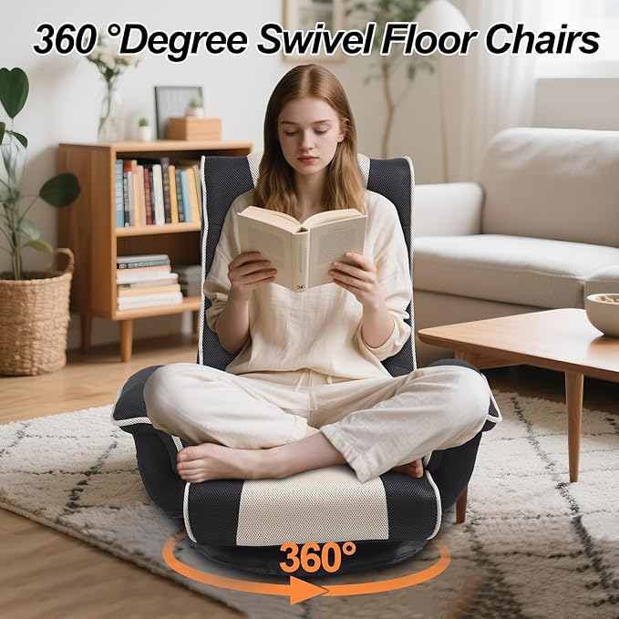 Linen Fabric Ergonomic Gaming Chair 6-Position Reclining Sofa Bed with Lumbar Support Foldable Floor Lounger with Thick Cushion Armrests &amp Side Pockets for Esports Reading Napping (Grey + Bei
