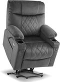MCombo Small Size Triple Motor Power Lift Recliner Chair Sofa with Massage and Dual Heating Adjustable Headrest for Elderly People Petite USB Ports Extended Footrest Fabric 7222 (Dark Grey)