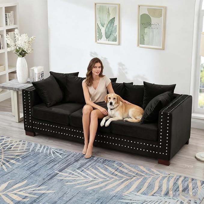 84.5 Wide 3-Seater Velvet Sofa with Storage Mid Century Modern Chesterfield Couch Upholstered Love Seat with Deep Seat &amp Retro Trim Black Velvet Couch for Living Room Office Apartment (Black)