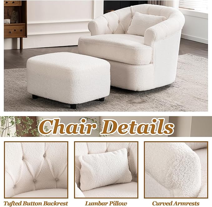 Swivel Accent Chair with Ottoman for Living Room Boucle Swivel Chairs &amp Upholstered Barrel Chair with Ottoman White Sherpa Chairs for Small Spaces with Curved Backet 360 Swivel and Pillow