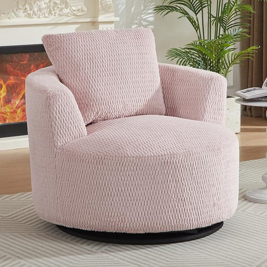 39.4 Wide Swivel Accent Chair Modern 360° Rotating Barrel Chair with Metal Base Club Single Sofa Chenille Armchair for Living Room Bedroom Reading Room Office (Pink)