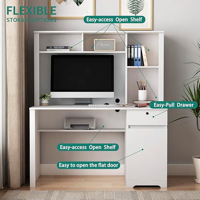 Computer Desk with Hutch BookshelfWood Executive Desk Teens Student Desk Writing Laptop Home Office Desk with Drawers3 AC Outlets and 2 USB Charging PortsStudy Laptop Table for Home