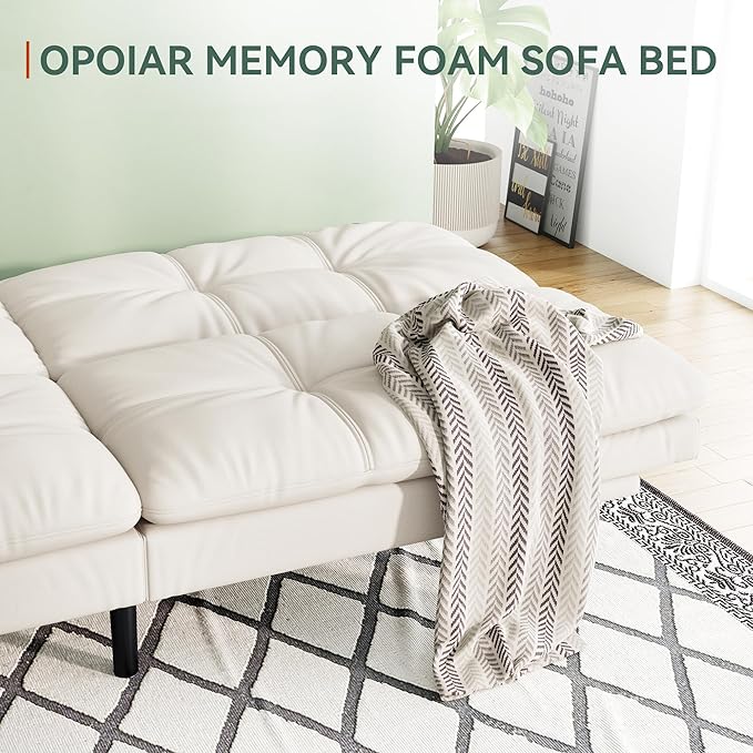 Opoiar 71 L Covertible Futon Sofa BedFaux Leather Futon Couch Memory Foam Modern Loveseat Sleeper Small Splitback Sofa Couches for Living RoomRVHome OfficeApartmentWhite
