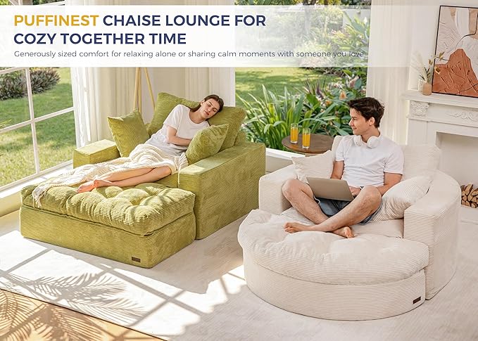 MAXYOYO Modular Sectional Chaise Lounge Sofa 2 Sets Upholstered Lounge Chair with Ottoman Comfy Round+ Square Couch with Layered Cushion Tufted Sleeper Chair for Living Room No Assembly Beige