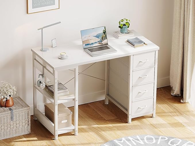 Casaottima 40 Inch Small Computer Desk with 4 Fabric Drawers Modern PC Desk for Small Spaces Home Office Desk with Storage Shelves Pure White