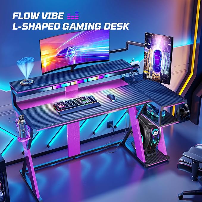 Bestier Computer Desk with Music Sync Light Flow Vibe Corner Desk with Monitor Stand and PS5 Storage Shelves Cup Holders and Headset Hooks for Bedroom Small Space (Black Purple 57 Inch)