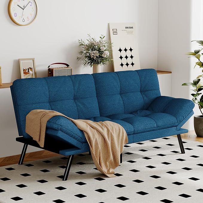 Opoiar Convertible Futon Sofa Bed Blue Linen Futon Couch with Adjustable Backrest &amp Armrests Folding Small Recliner Sleeper Sofa Bed for Living Room Apartment Office
